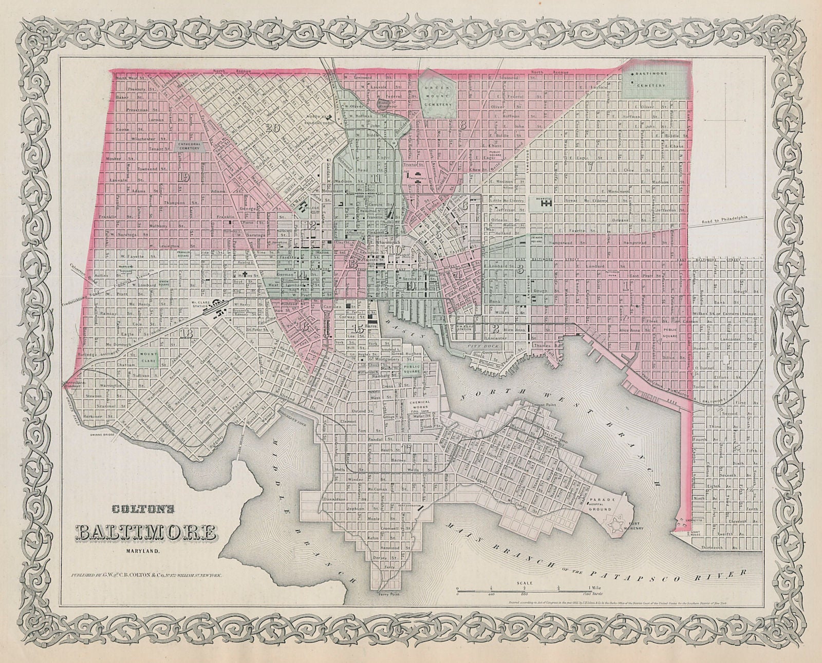 Colton's City of Baltimore, Maryland. Decorative antique town plan 1869 map